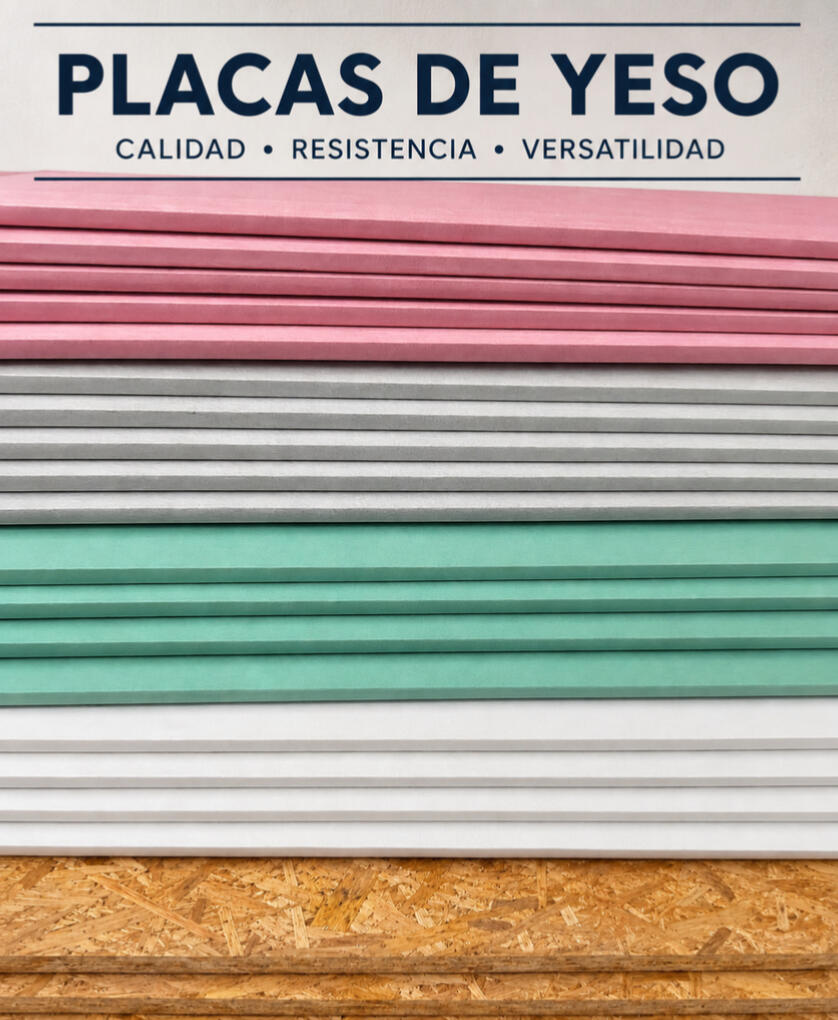 Placas de Yeso Disponemos de placas de yeso para diferentes aplicaciones: * Placas estándar de 9,5 mm y 12,5 mm. * Placas resistentes a la humedad (Verdes), ideales para baños, cocinas y lavaderos. * Placas ignífugas (Rojas) para mayor resistencia al fue